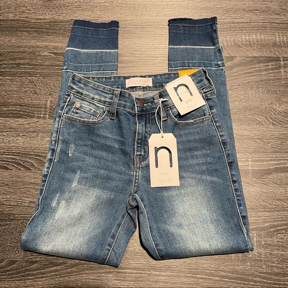 NWT nature denim distressed mid rise ankle skinny jeans with split raw h…